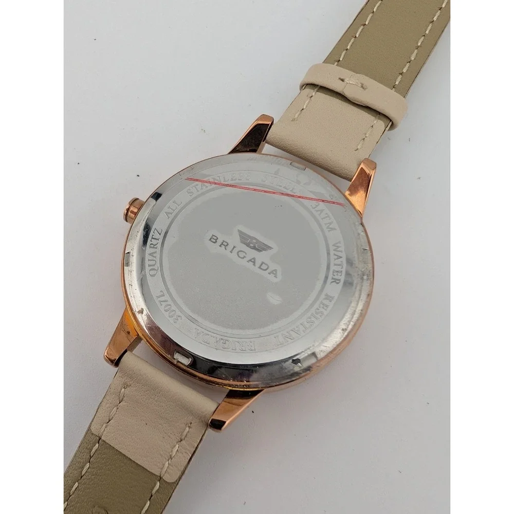 Brigada Watch Women 34mm Rose Gold Case Beige Leather Band-‎ New Battery